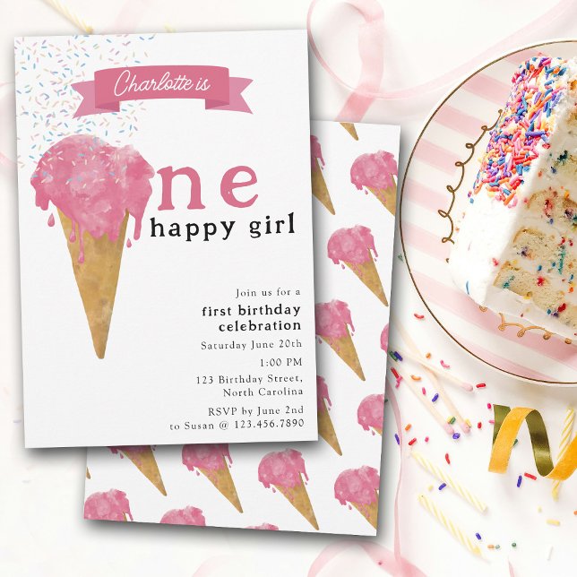Convites 1rua Primeiro Aniversário Um Sorvete Rosa Feliz (1st First Birthday One Happy Girl Pink Ice Cream Invitation)