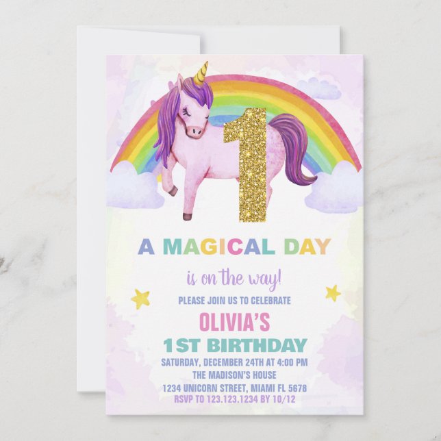 Convites 1rua Rainbow Unicorn Birthday Invtions Cloud (Frente)