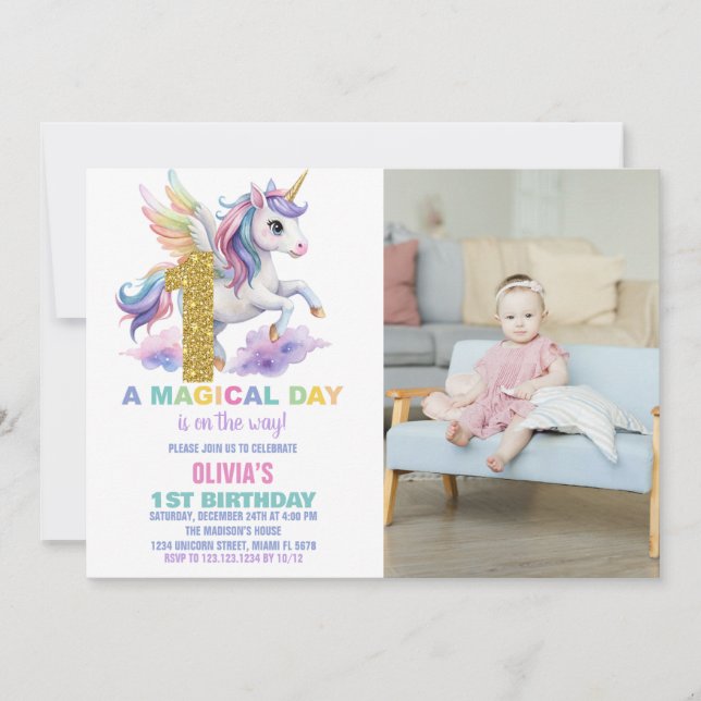 Convites 1rua Rainbow Unicorn Birthday Invtions w foto (Frente)