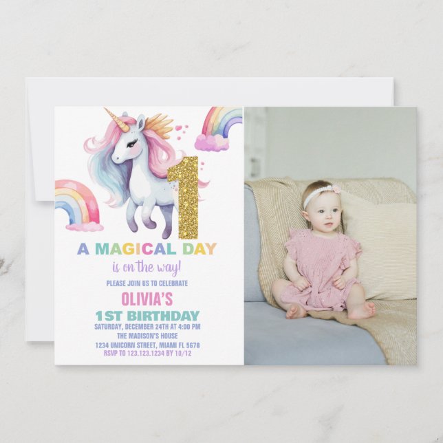 Convites 1rua Rainbow Unicorn Birthday Invtions w foto (Frente)