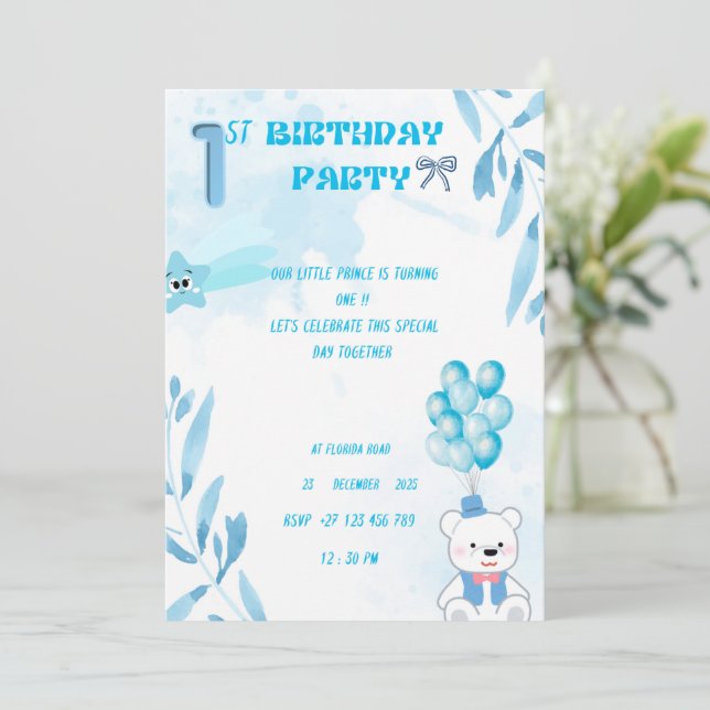 Convites 1st baby boy birthday invitation  (Em pé/Frente)