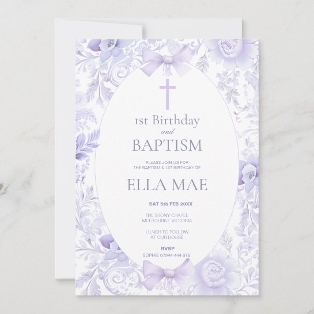 Convites 1st Birthday and Baptism for Girl Lilac Floral (Frente)