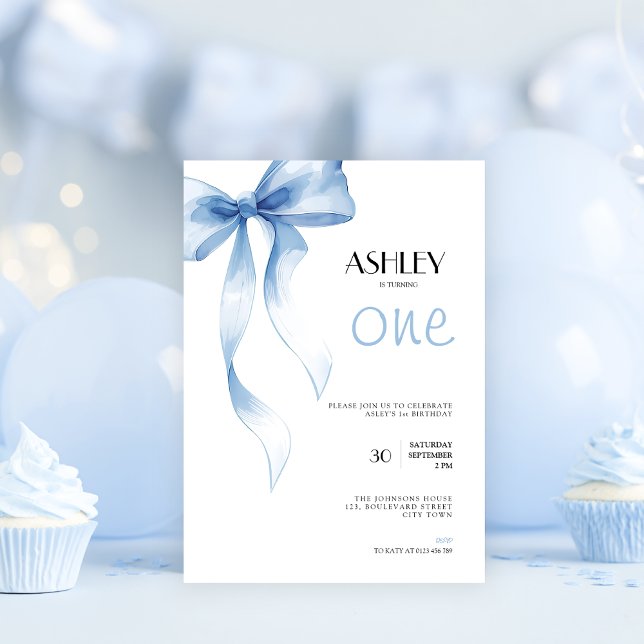 Convites 1st Birthday Invitation Blue Bow for Girls (Blue bow coquette 1st birthday invitation for girls)