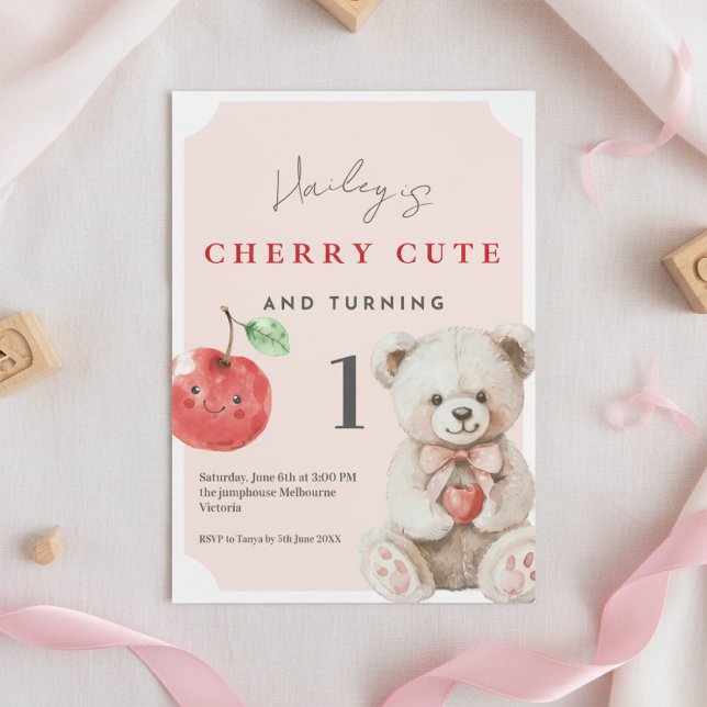 Convites 1st Birthday Invitation Cherry Cute Teddy Theme (Cherry cute teddy 1st birthday invitation with fruit theme and pink watercolor accents)