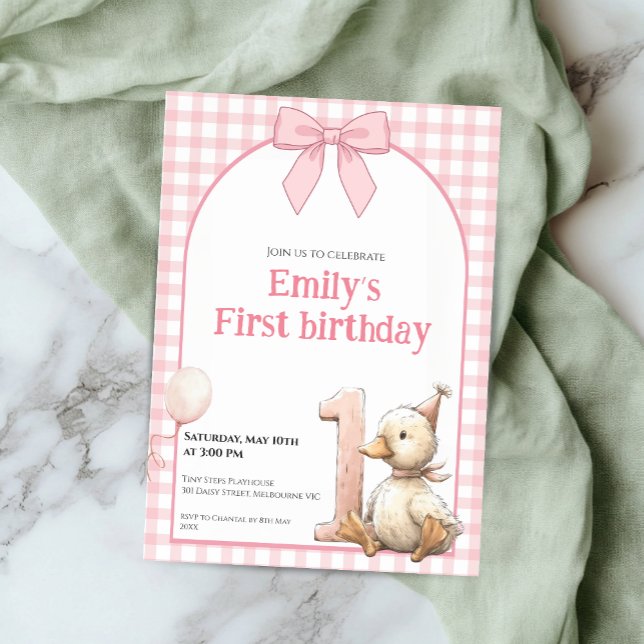 Convites 1st Birthday Invitation Gingham Duck Theme Kaart (Criador carregado)