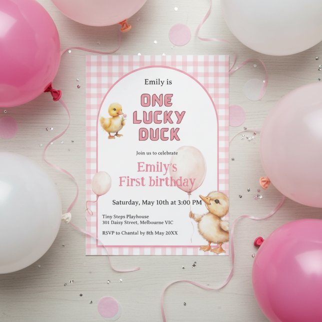 Convites 1st Birthday Invitation One Lucky Duck Theme (One Lucky Duck 1st birthday invitation with watercolor ducklings and pink gingham design)