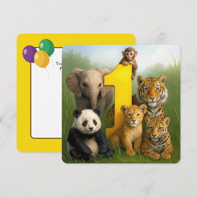 Convites 1st Birthday Party Wildlife Animal Babies (Frente/Verso)