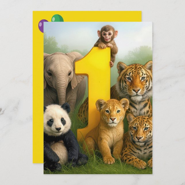 Convites 1st Birthday Party Wildlife Animal Babies (Frente/Verso)