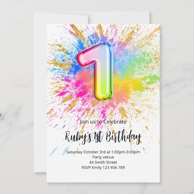Convites 1st Birthday Rainbow Paint Splash Invitation (Frente)