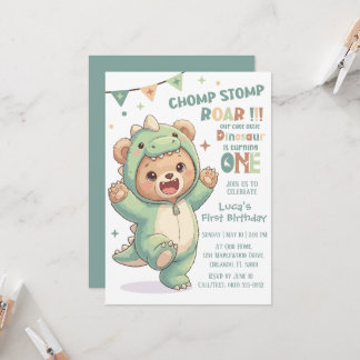 Convites 1st Dino Birthday Party | Cute Teddy Bear Dinosaur