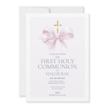 1st Holy Communion Invitation, Modern Pink Bow