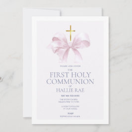 Convites 1st Holy Communion Invitation, Modern Pink Bow