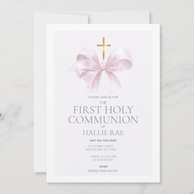 Convites 1st Holy Communion Invitation, Modern Pink Bow (Frente)