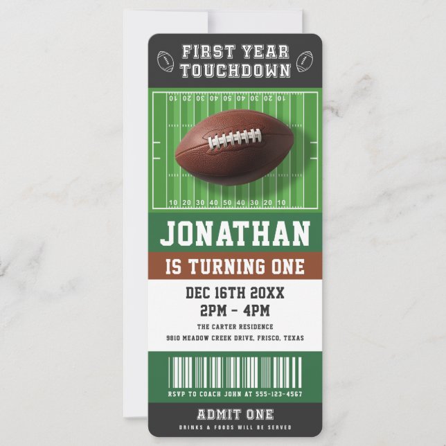 Convites 1st Year Touchdown Football Birthday Party Ticket (Frente)