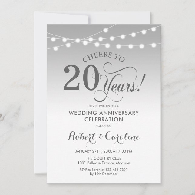 Convites 20º Aniversário de Casamento - Branco Prateado (Frente)