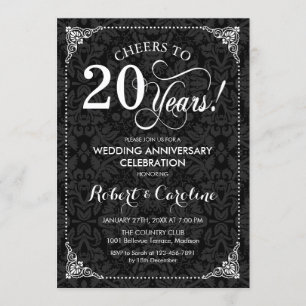 Convites 20º Aniversário de Casamento - Damask Preto Branco