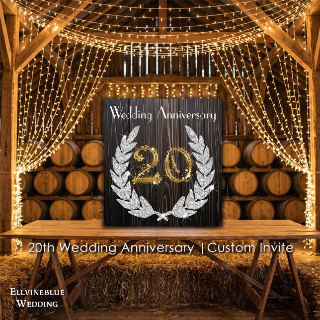 Convites 20º Aniversário de Casamento | Madeira Rústica & D (20th Wedding Anniversary Invite | Rustic Wood & Diamond Laurel. Size: 5.25” x 5.25”)