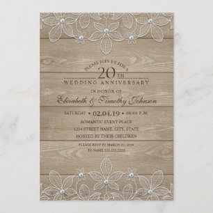 Convites 20º Aniversário de Casamento Rustic Madeira Renda 