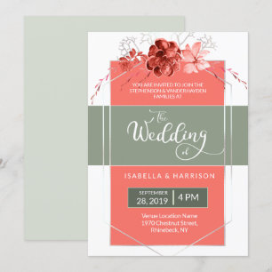 Convites 2019 Coral Sage Modern Floral Casamento Geométric