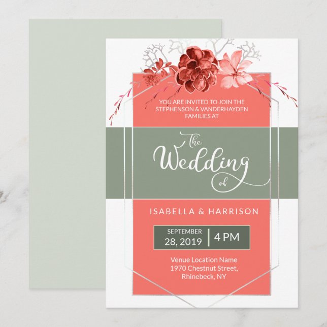 Convites 2019 Coral Sage Modern Floral Casamento Geométrico (Frente/Verso)