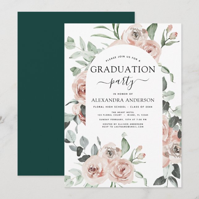 Convites 2022 Emerald Green Graduation Floral Greenery (Frente/Verso)