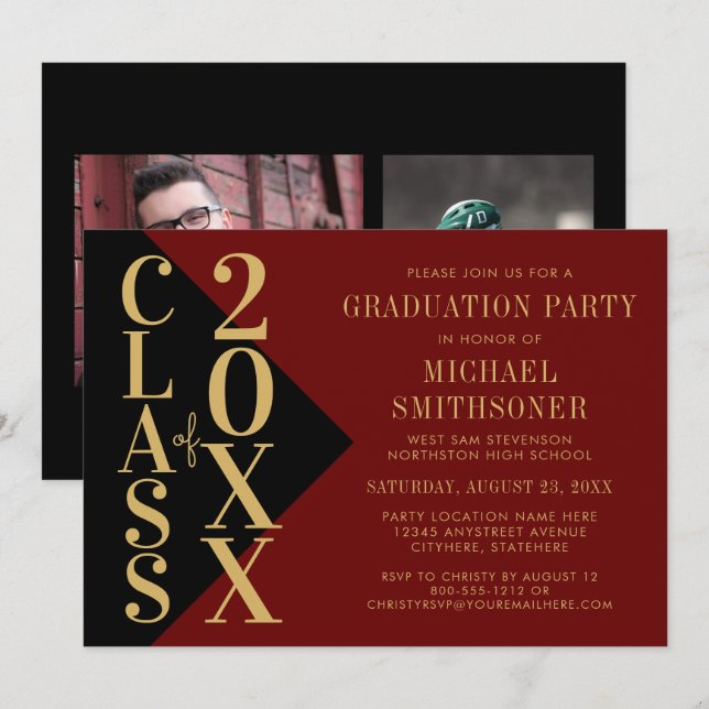 Convites 2022 Graduação Preto Vermelho Vermelho Moderno Cor (Frente/Verso)