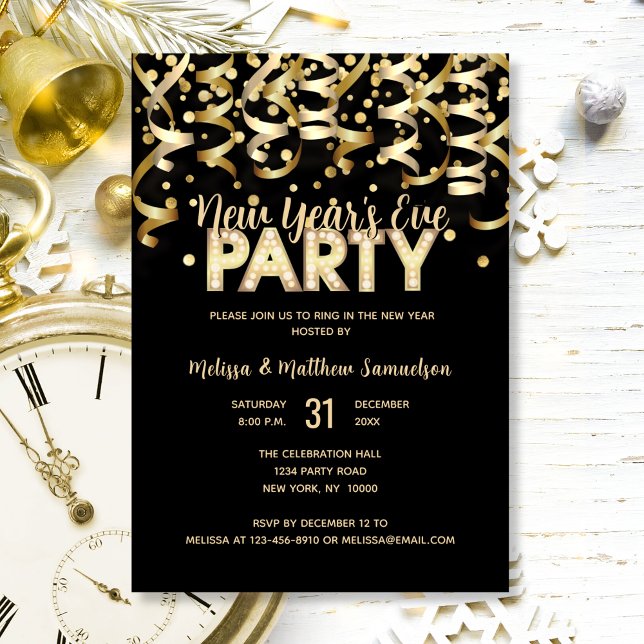 Convites 2024 PARTIDO EVE Dourado DO ANO NOVO (2024 NEW YEAR'S EVE PARTY Gold Glitter Black Invitation)