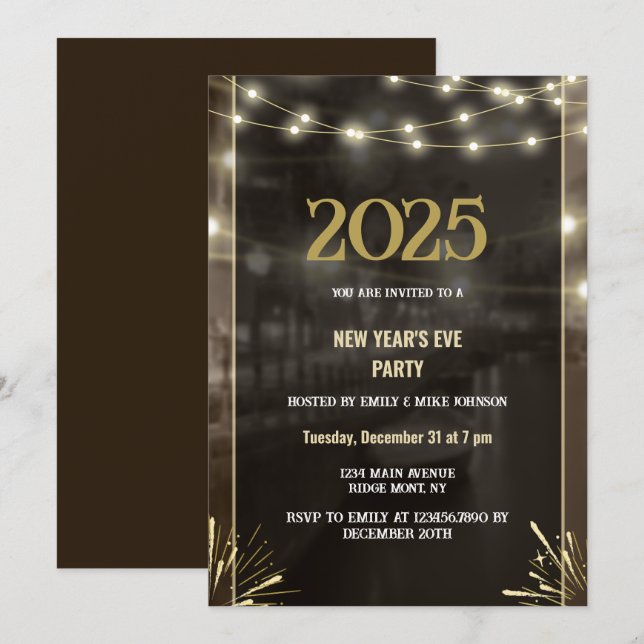 Convites 2025 Ano Novo Dourado Preto Moderno Personalizado  (Frente/Verso)