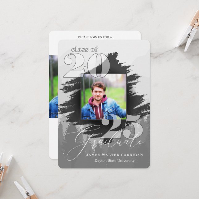 Convites 2025 Escala Cinzenta Masculina 2 Graduação Fotográ (Frente/Verso In Situ)
