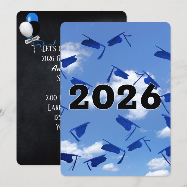 Convites 2026 Chapéus de Formatura Azuis no Céu  (Frente/Verso)
