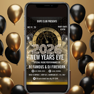 Convites 2026 Gold New Years Eve Party Invitation