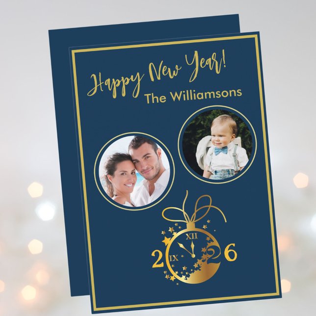 Convites 2026 Happy New Year's 2 Photo Clock Card (Criador carregado)