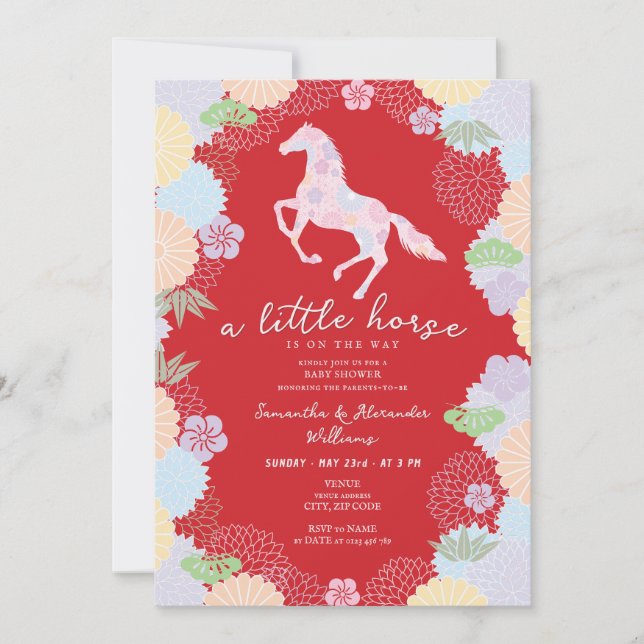 Convites 2026 Little Horse Floral Red Garden Baby Shower (Frente)