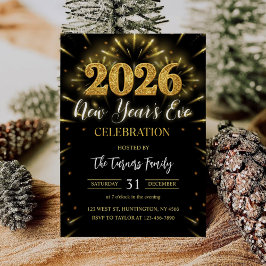 Convites 2026 New Year's Eve Party Black & Gold Glitter
