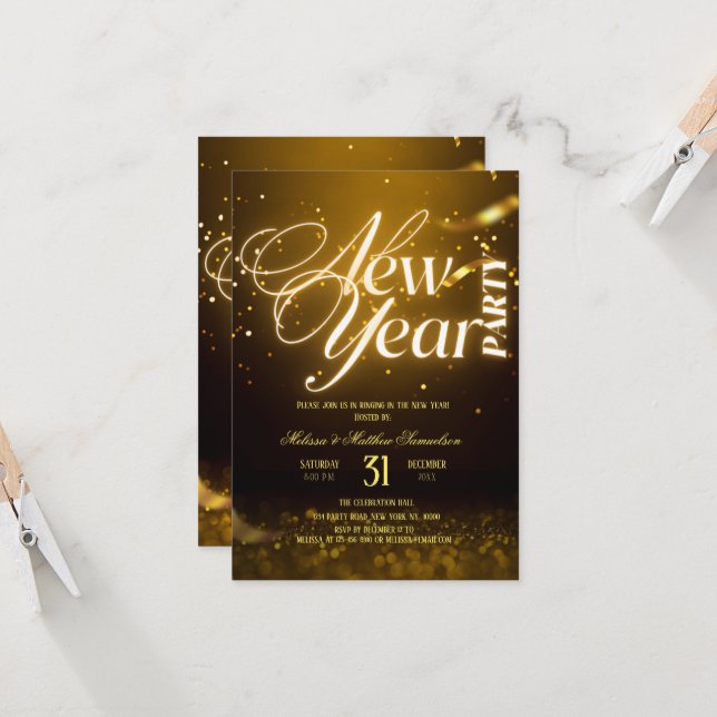 Convites 2026 New Years Eve Party Gold Glitter Black  (Frente/Verso In Situ)