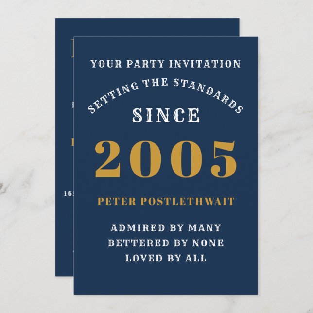 Convites 20 Aniversário De 2005 Azul Dourado Personalizado  (Frente/Verso)