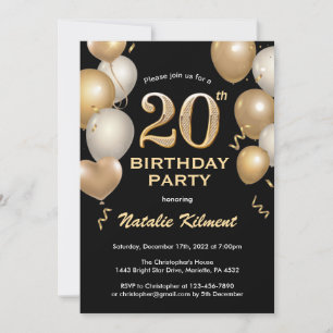 Convites 20 Birthday Black and Dourado Glitter Balloons