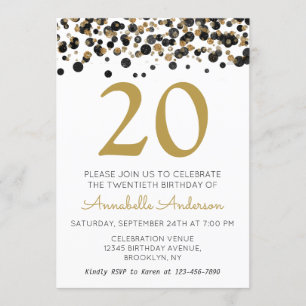 Convites 20 Birthday Black Glitter Sparkle Confetti