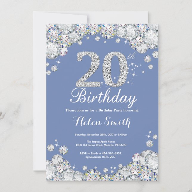 Convites 20 Birthday Blue e Silver Diamond (Frente)