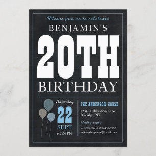Convites 20 Birthday Chalkboard Blue Balloon Russo Chic