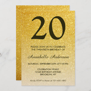 Convites 20 Birthday Classic Black Glitter Ombre Dourado