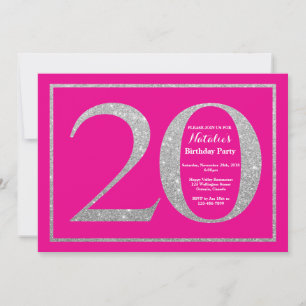 Convites 20 Birthday Hot Pink e Silver Gliter