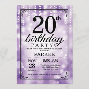 Convites 20 Birthday Invitation Purple Glitter