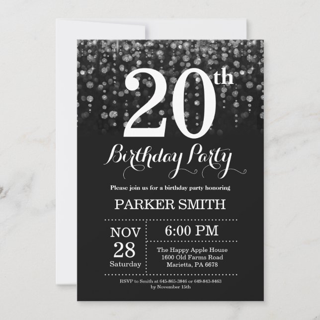 Convites 20 Birthday Invitation Silver Glitter (Frente)