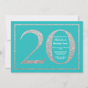 Convites 20 Birthday Invitation Teal and Silver Glitter