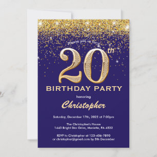 Convites 20 Birthday Marinho Azul e Dourado Glitter Confett