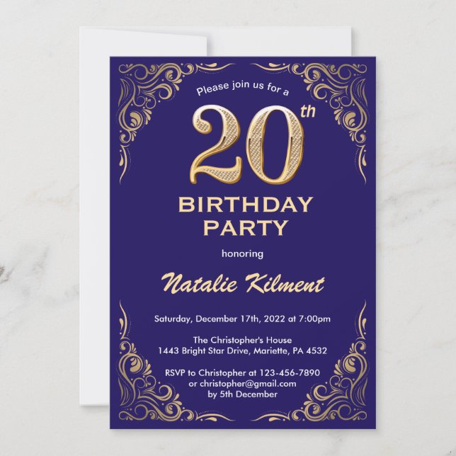 Convites 20 Birthday Marinho Azul e Dourado Quadro Glitter (Frente)