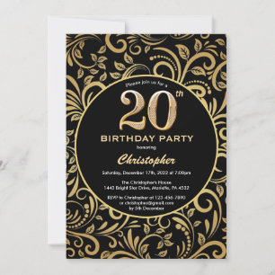Convites 20 Birthday - Padrão Floral Dourado e Preto