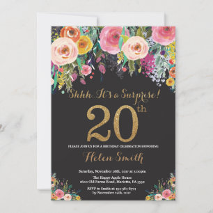 Convites 20 de Aniversário da Surpresa Floral Dourado