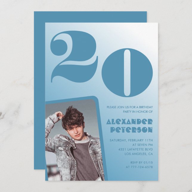 Convites 20 de aniversário de gradiente azul lhe convoca Fo (Frente/Verso)